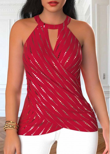 ROTITA Wrap Geometric Print Red Halter Sleeveless Tank Top