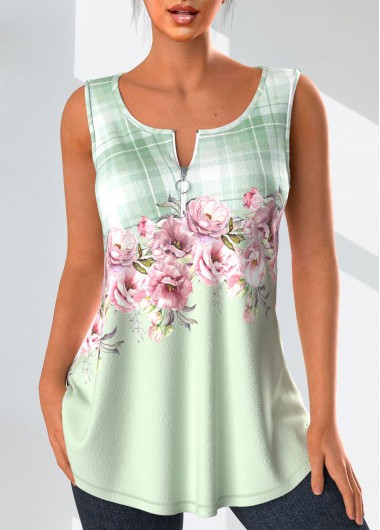 ROTITA Zipper Floral Print Light Green Tank Top