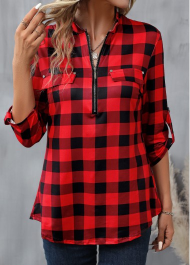 ROTITA Zipper Plaid Red High Neck Long Sleeve Blouse