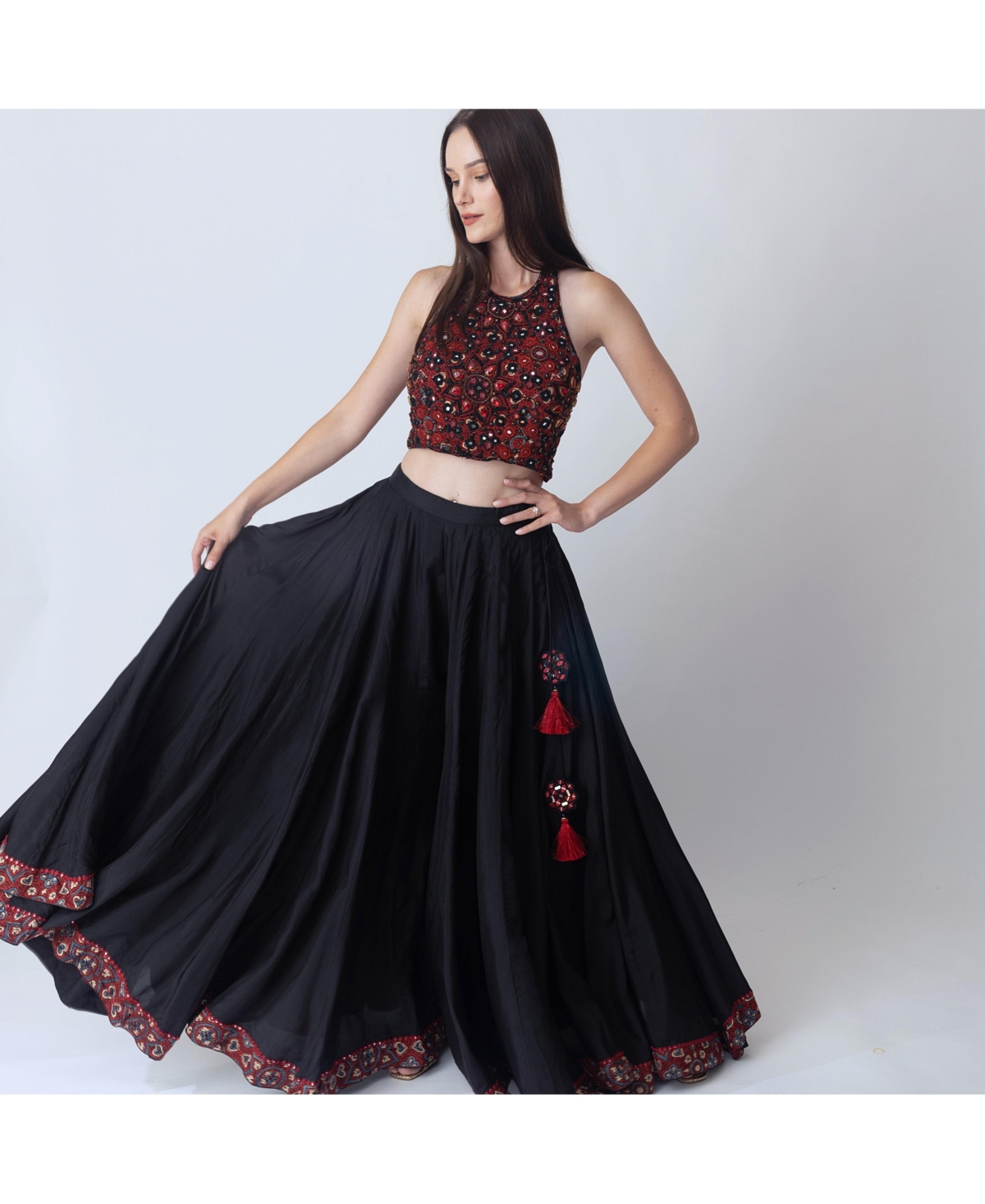 Raas Women's Full Flare Palazzo Pants with Hand Embroidered Halter Crop Top - Black multi