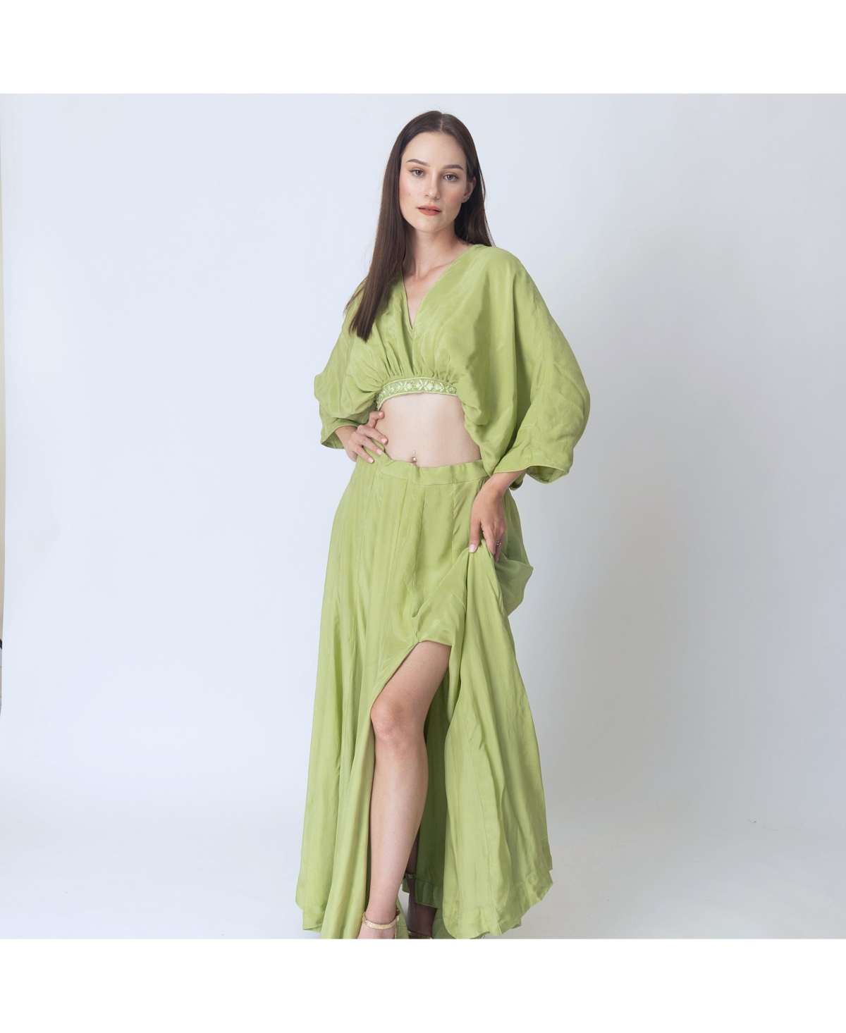 Raas Women's Green Silk Co-Ord Set with Flowing Skirt with Slit and Crop Top with Dolman Sleeves - Pastel green