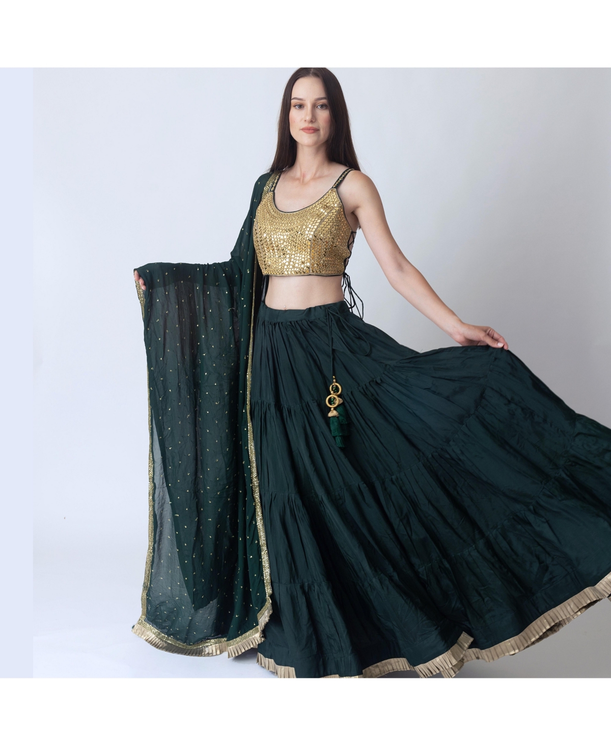 Raas Women's Green and Gold Lehenga Choli Set with Mirror Work Blouse and Embellished Dupatta - Dark green