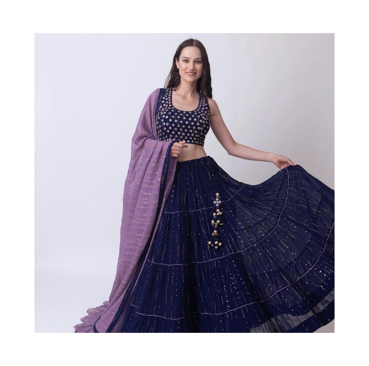 Raas Women's Navy Blue Lehenga Choli Set with Tiered Skirt and Mirror Work Blouse - Blue