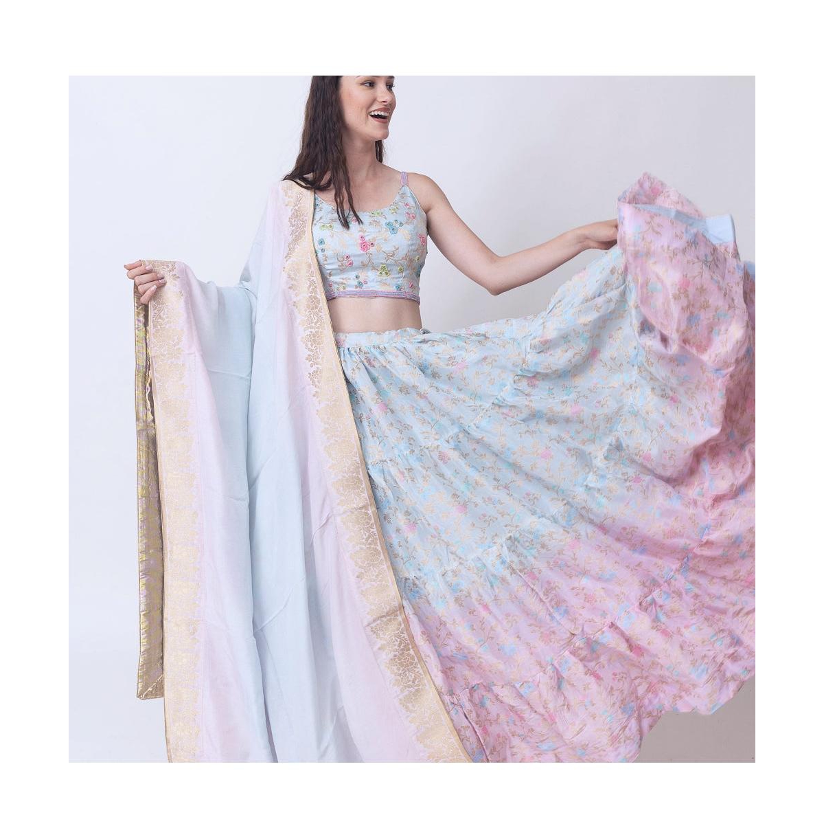 Raas Women's Pastel Floral Jacquard Silk Crop Top with Beadwork and Tiered Skirt Set with Dupatta - Sky blue