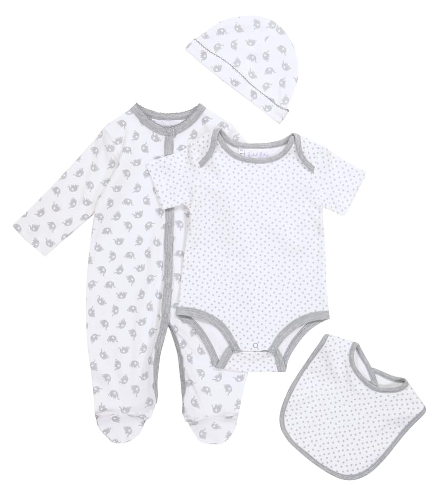 Rachel Riley Baby printed cotton onesie, playsuit, bib and beanie set