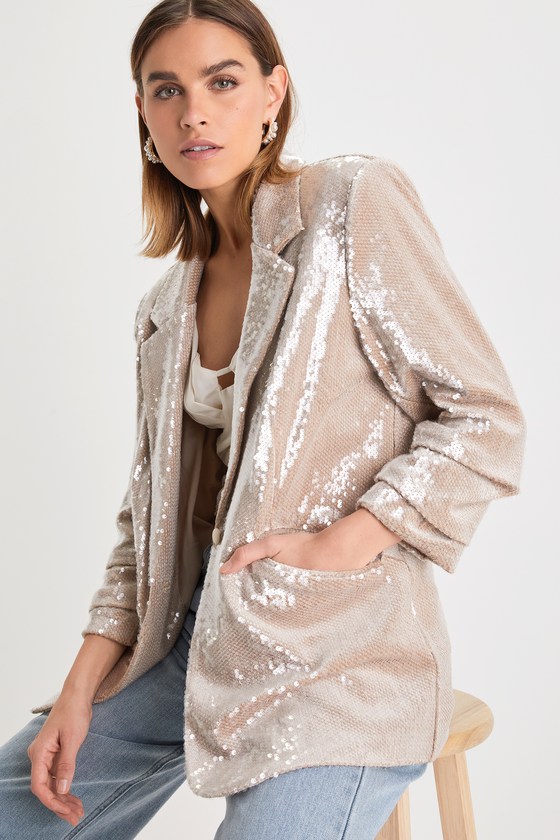 Radiant Behavior Beige Sequin Ruched Sleeve Blazer