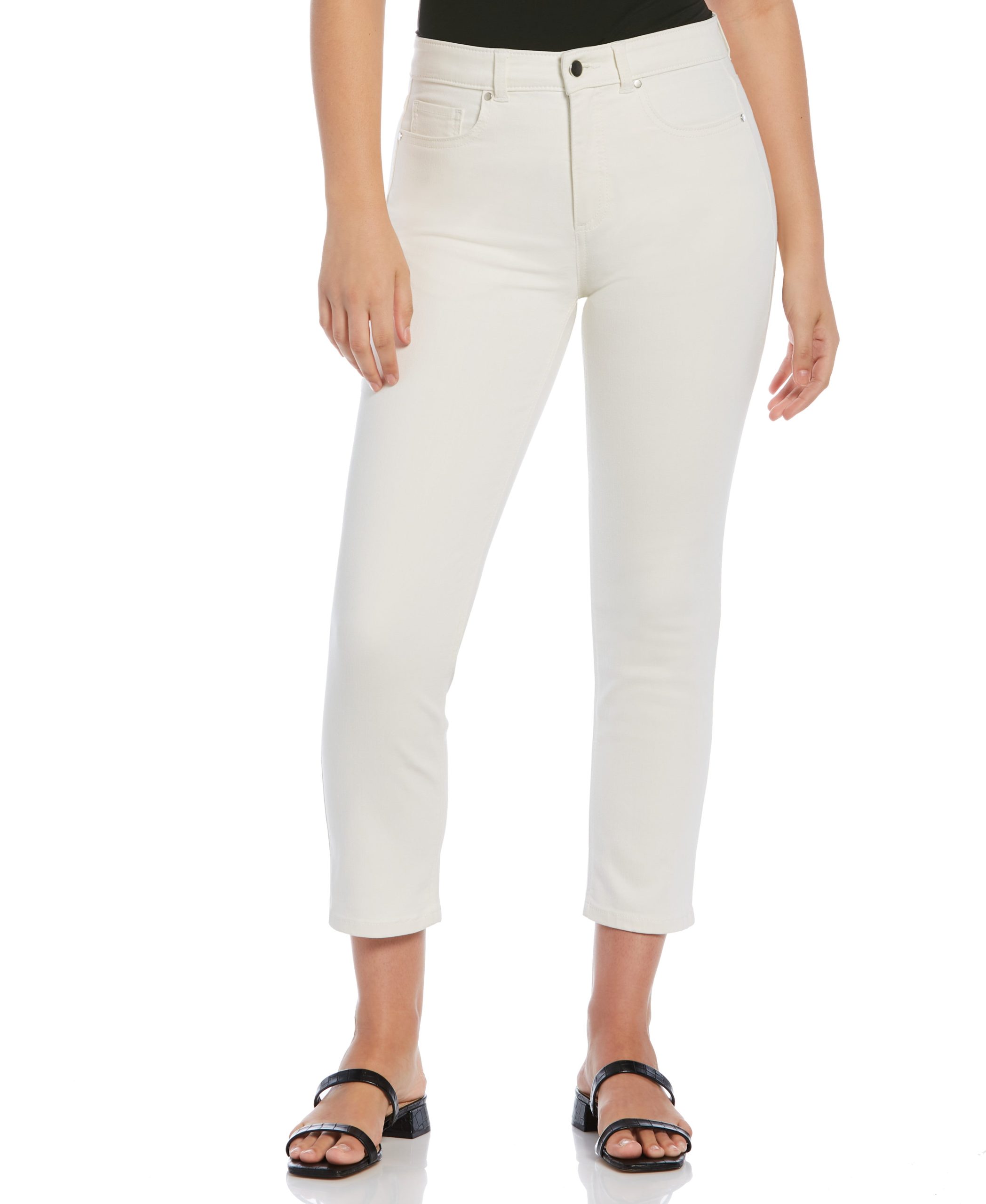 Rafaella Women's High Rise Straight Cropped Denim Pants in White, Size 16, Solid, Cotton/Polyester/Other