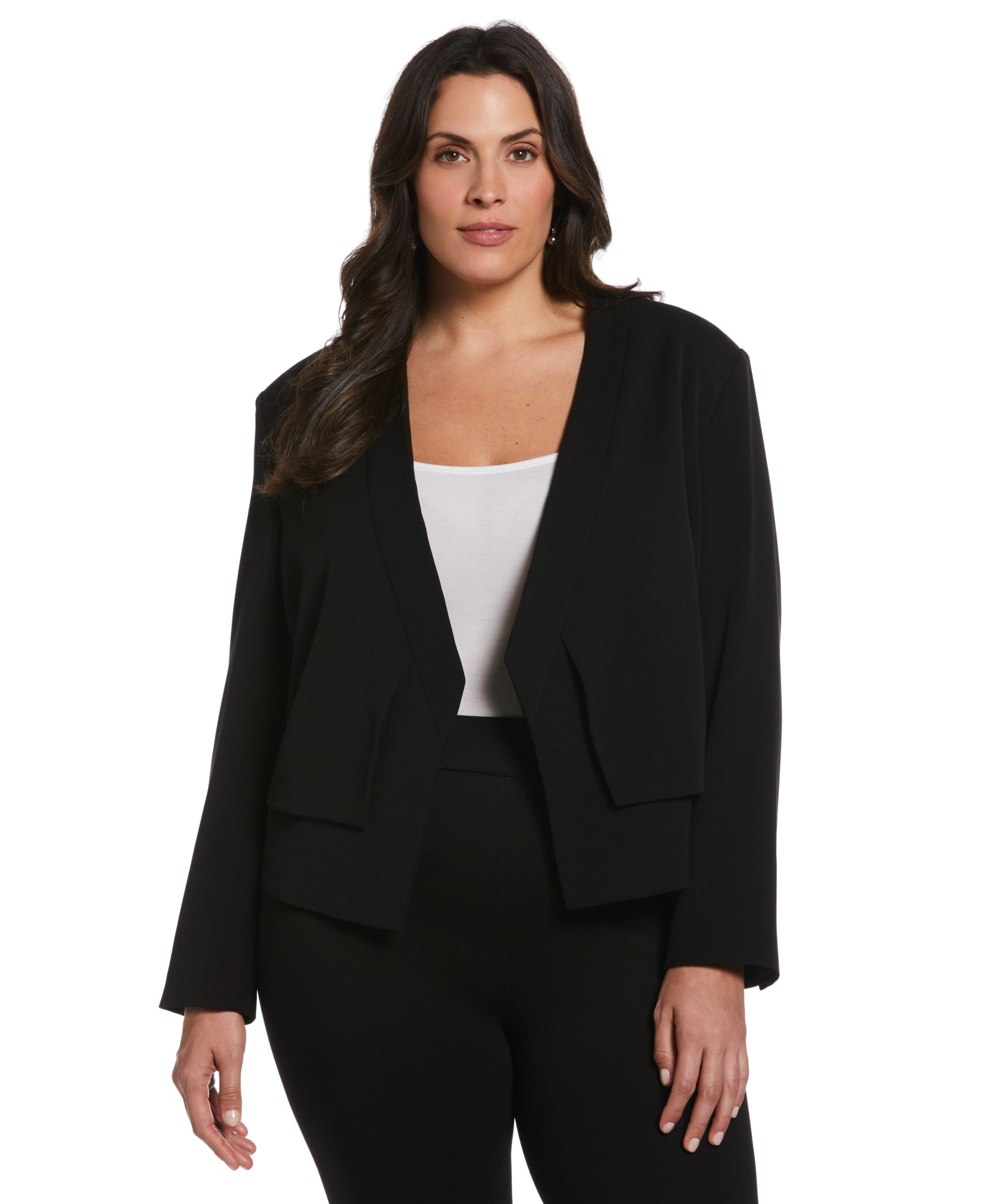 Rafaella Women's Plus Size Cropped Angled Open Blazer Top in Black Beige, Size 1X, Solid, Polyester/Rayon/Spandex