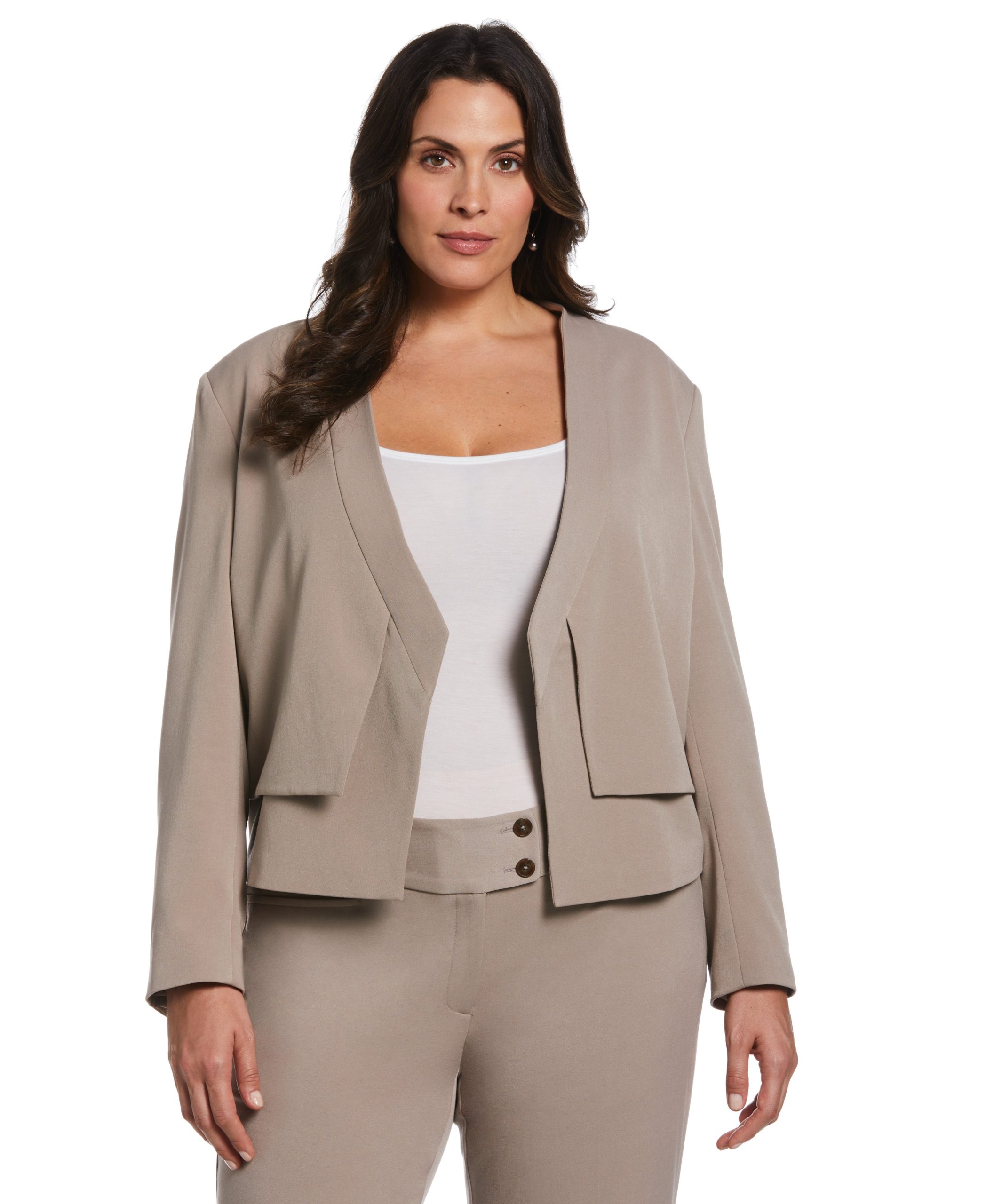 Rafaella Women's Plus Size Cropped Angled Open Blazer Top in Summer Straw Beige, Size 1X, Solid, Polyester/Rayon/Spandex