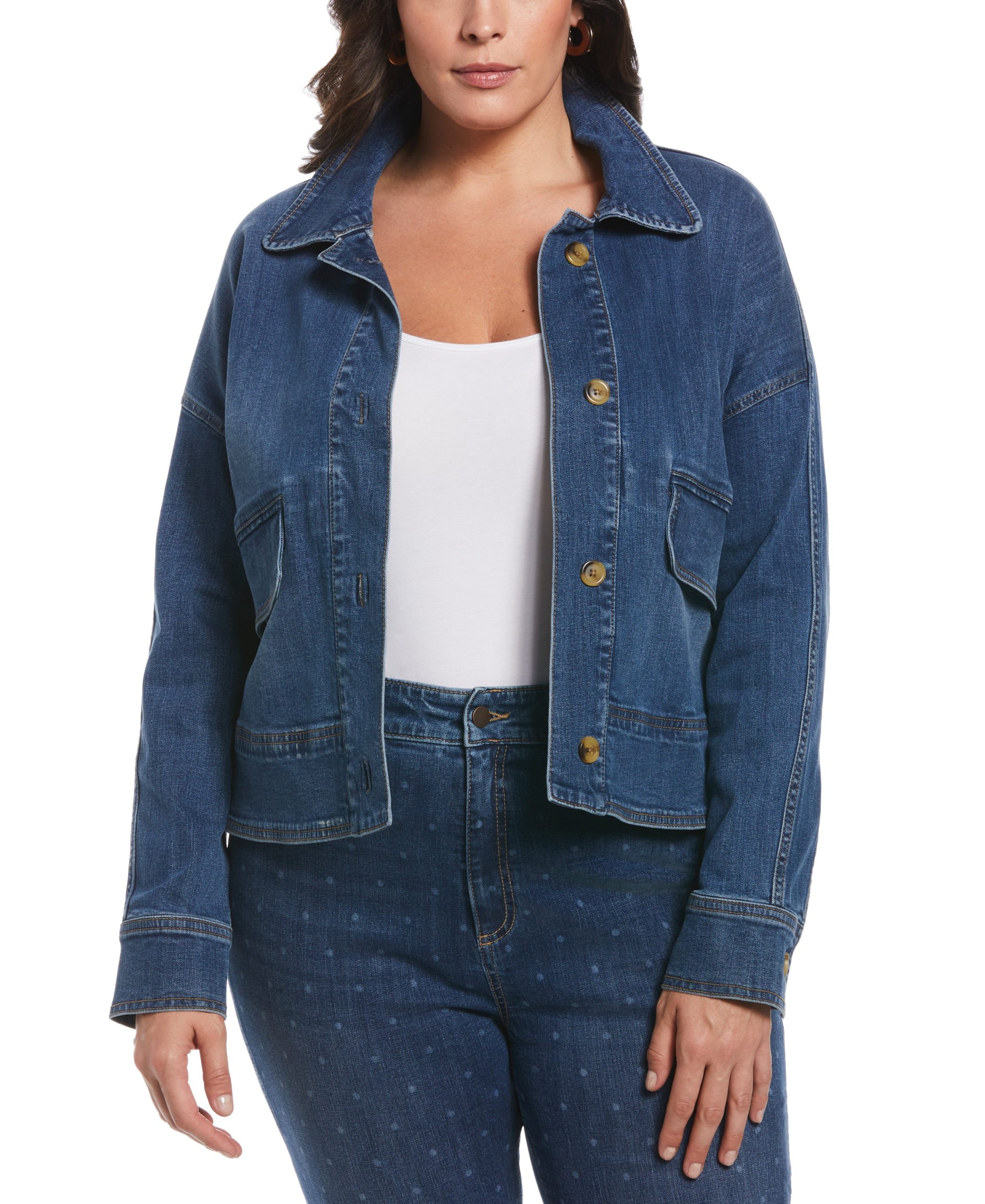 Rafaella Women's Plus Size Cropped Oversized Denim Jacket in Coastal, Size 1X, Solid, Cotton/Elastane