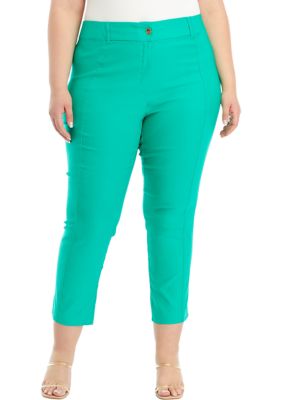 Rafaella Women's Plus Size Satin Straight Leg Cropped Pants, Green, 14W