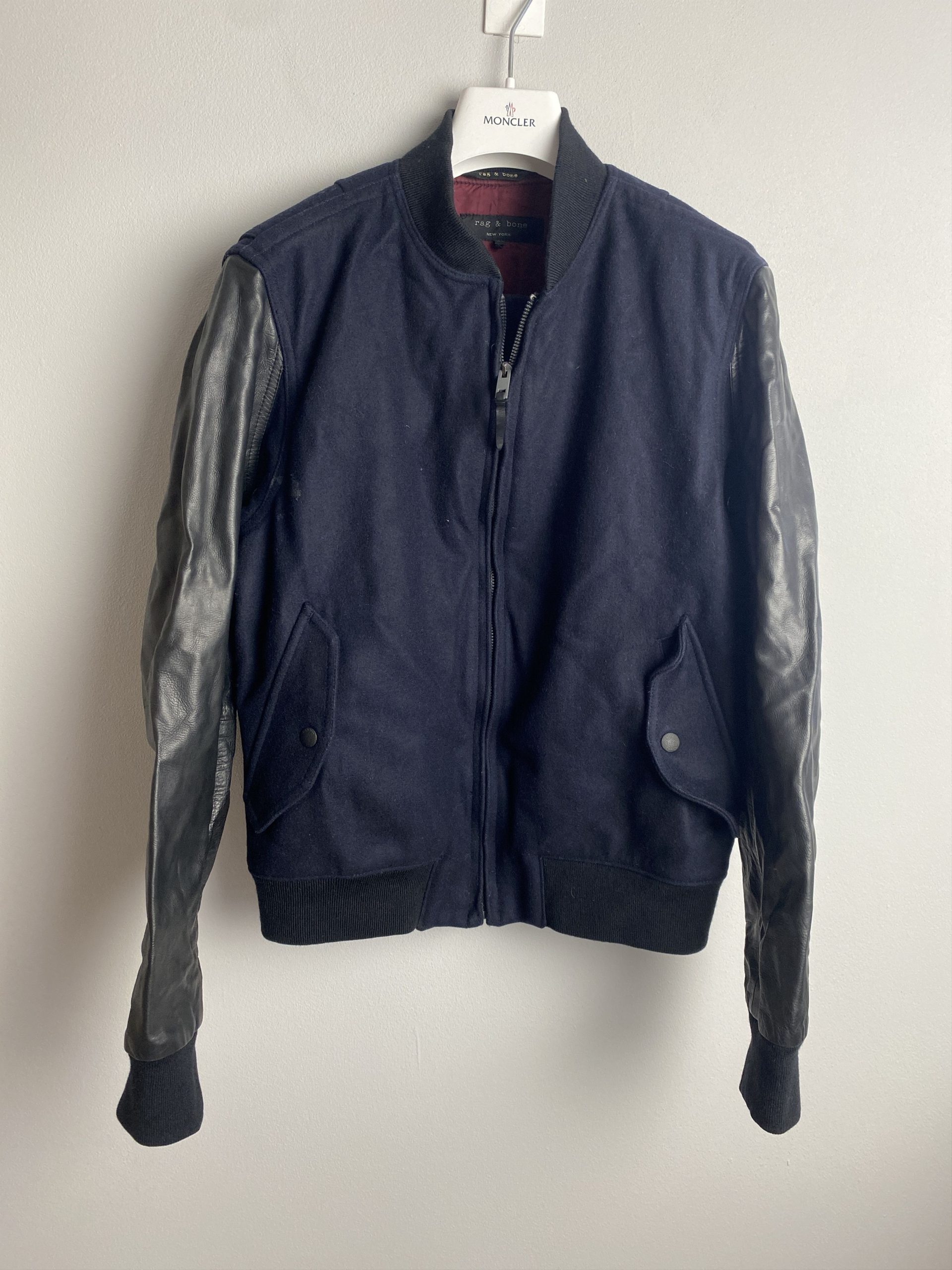 Rag Bone Rag & Bone Calf Leather Wool Varsity Jacket Bomber in Navy, Women's (Size Small)