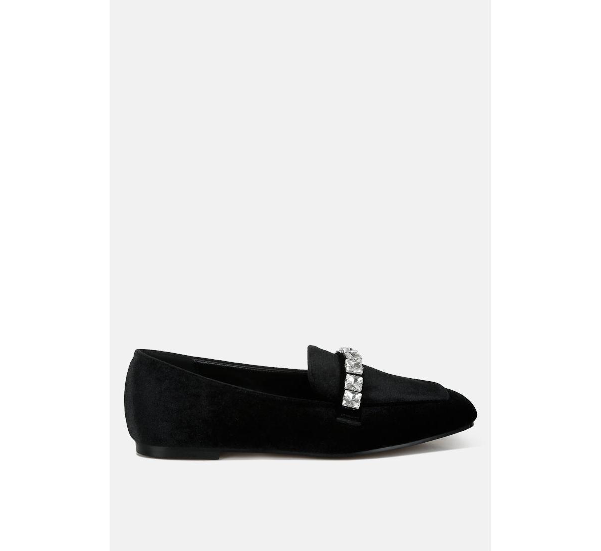 Rag & Co Kyari Velvet Diamante Strap Loafers - Black