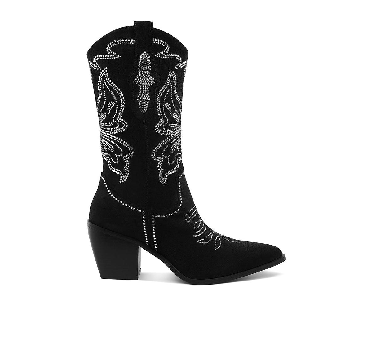 Rag & Co Latafa Rhinestones Embellished Cowboy Boots - Black