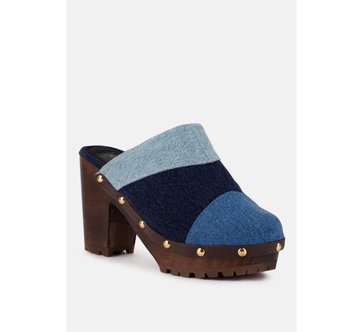 Rag & Co Meso Blue Denim Patchwork Clogs Mules - Light blue