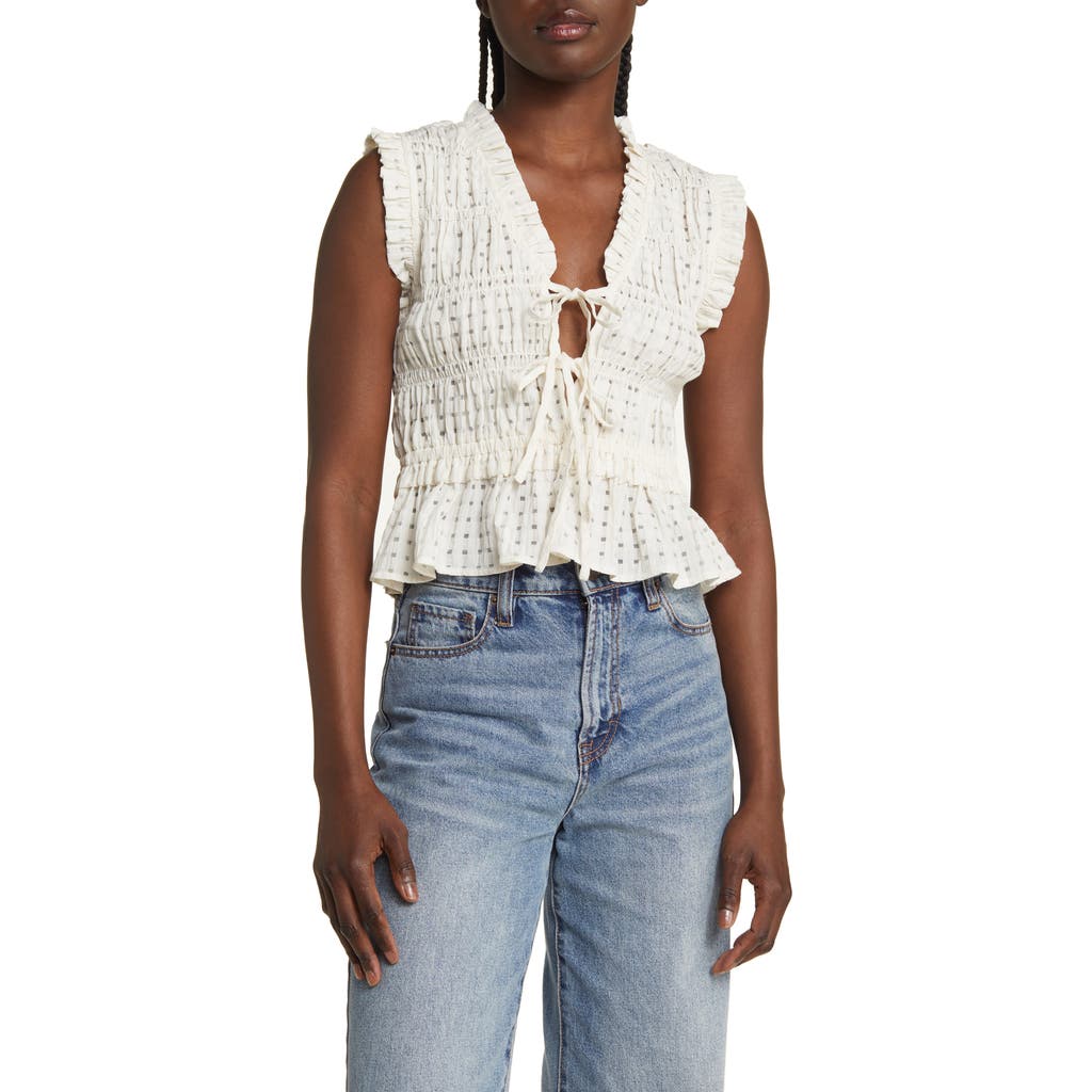 Rails Martine Smocked Ruffle Crop Top in Ivory Seersucker at Nordstrom Rack, Size Large