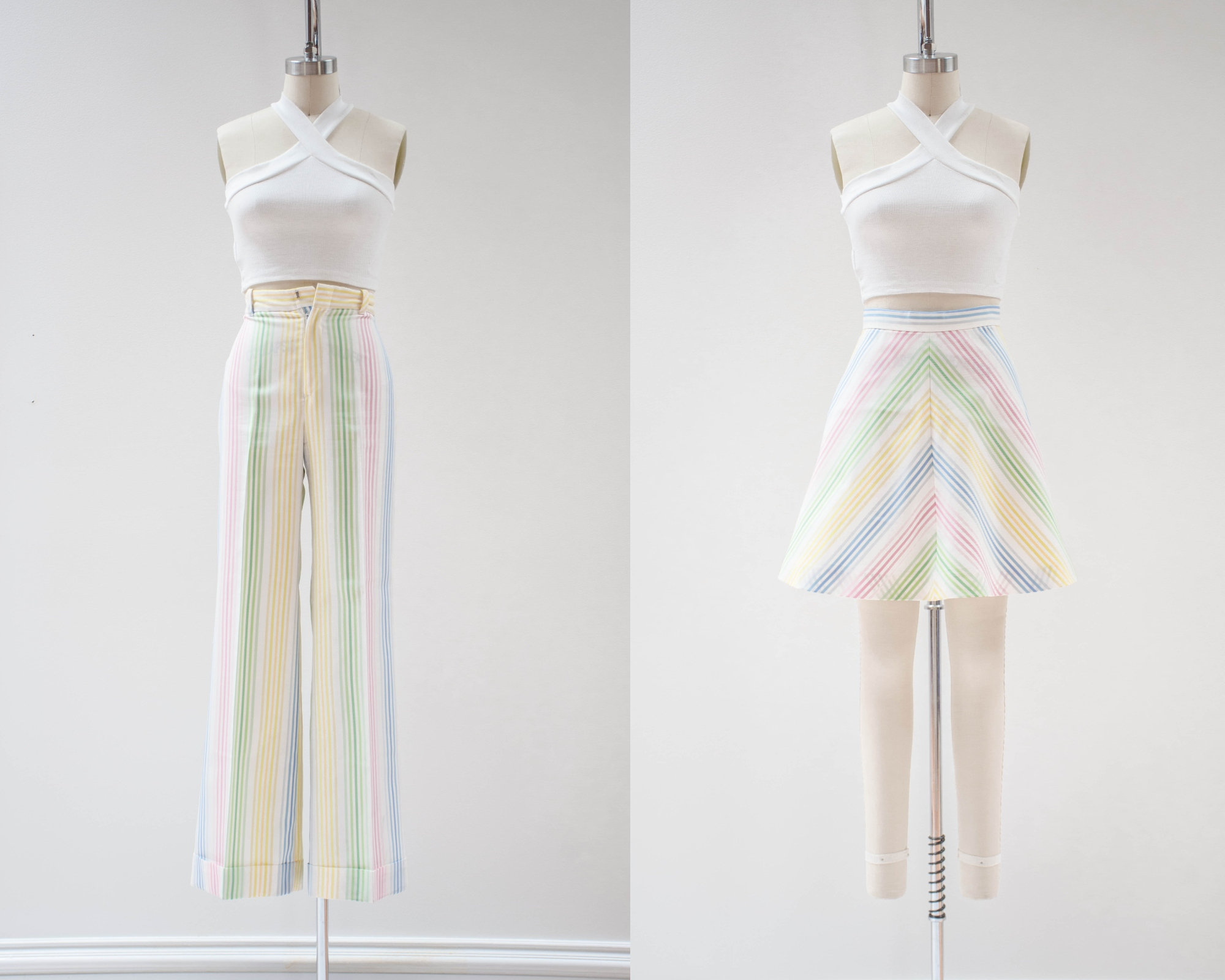 Rainbow Bellbottoms | 70S Vintage High Waisted Pants Mini Skirt Pastel Striped Wide Leg Boho Hippie Bell Bottom Flare