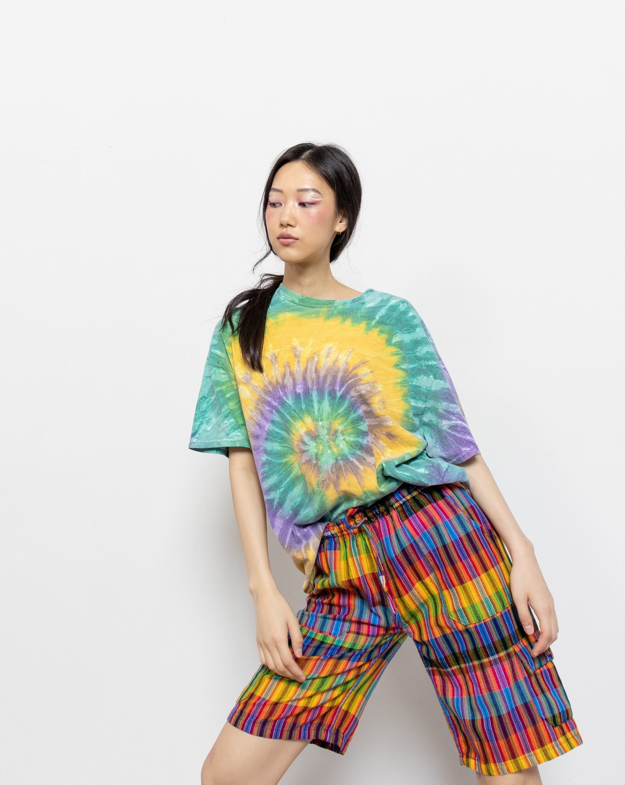 Rainbow Cargo Pants High Waist Longline Cotton Shorts Festival Vintage Women/Xs Small Extra Small 90S