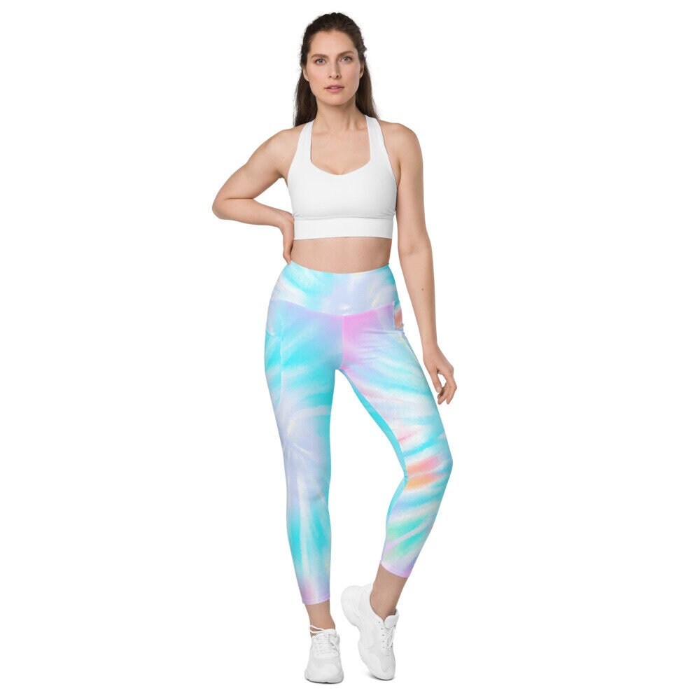 Rainbow Tie Dye Blue Women Leggings Side Pockets, Pastel Printed Yoga Pants Graphic Workout Running Gym Designer Plus Size Tights