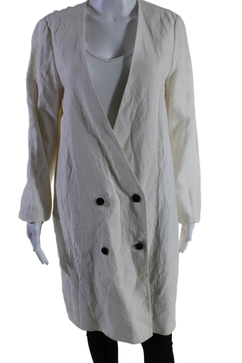 Raquel Allegra Womens Textured Cotton Button Open Front Duster Coat Cream