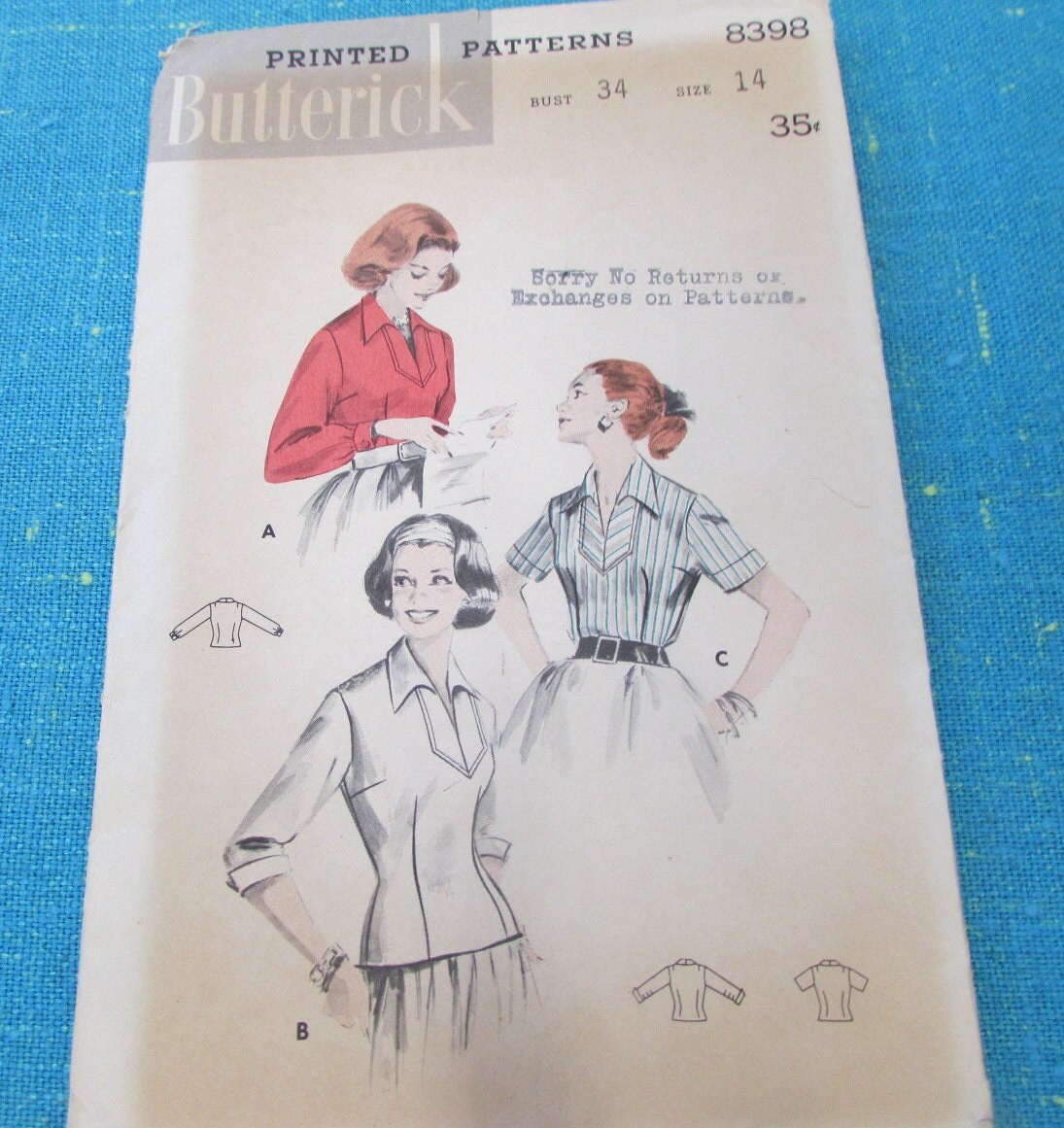 Rare 1960S Butterick Sewing Pattern 8398 Misses Pullover Blouse Polo Shirt Styling, 3 Sleeve Variations, Size 14, Cut - 1950S Blouse Or Top