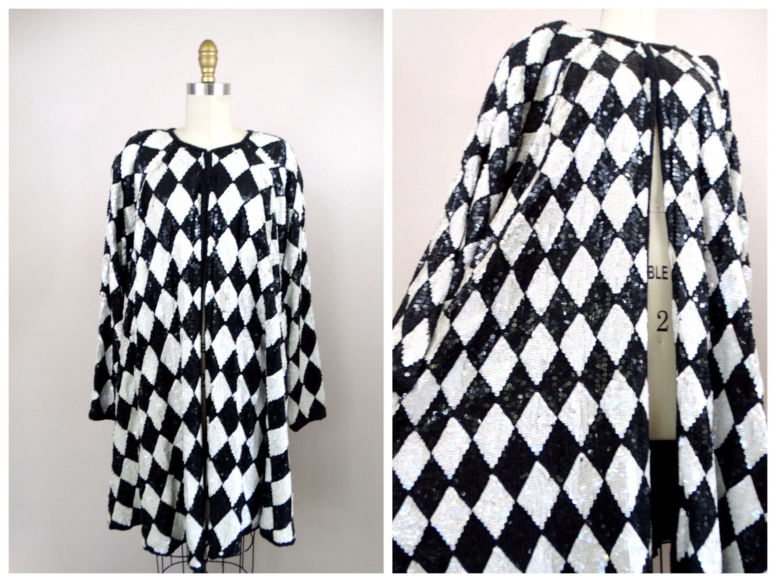 Rare Mod Sequin Oversized Coat/Retro Black & White Sequined Duster Funky Harlequin Hand Beaded Long Jacket O/S