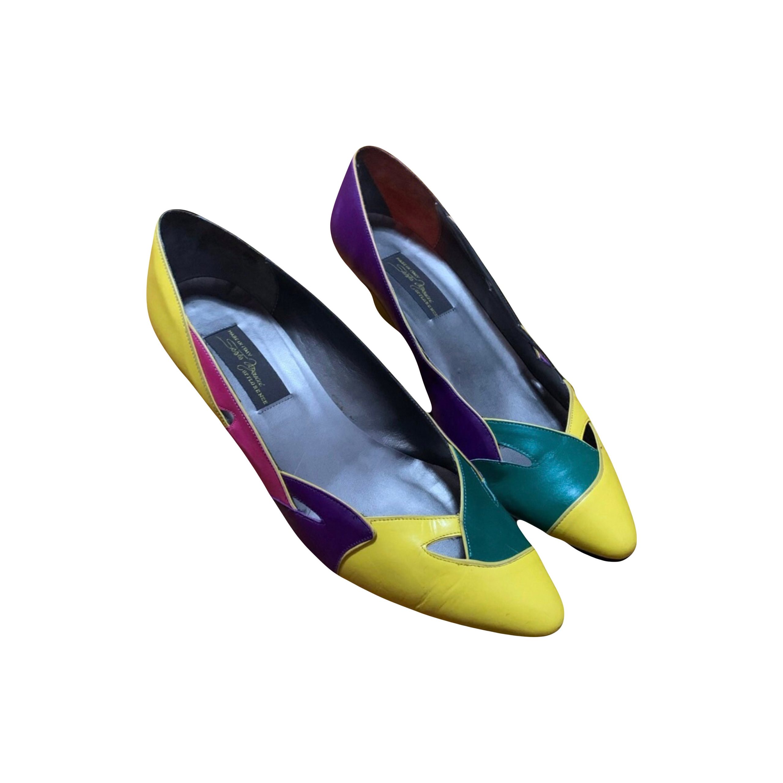 Rare Vintage 80's Sesto Meucci Colorblock Leather Pointed Toe Slip On Kitten Heel