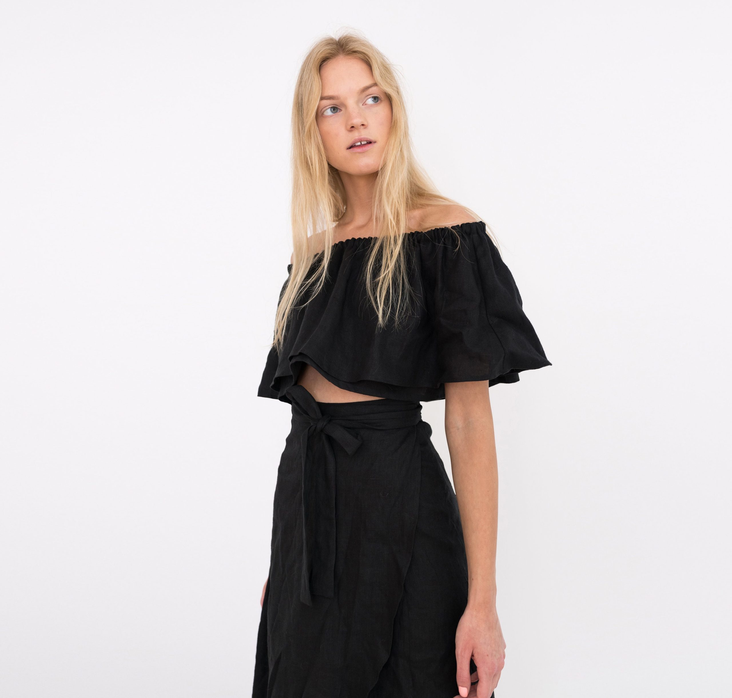 Ready To Ship/Acacia Off The Shoulder Ruffle Linen Top Cropped Blouse Bardot Crop