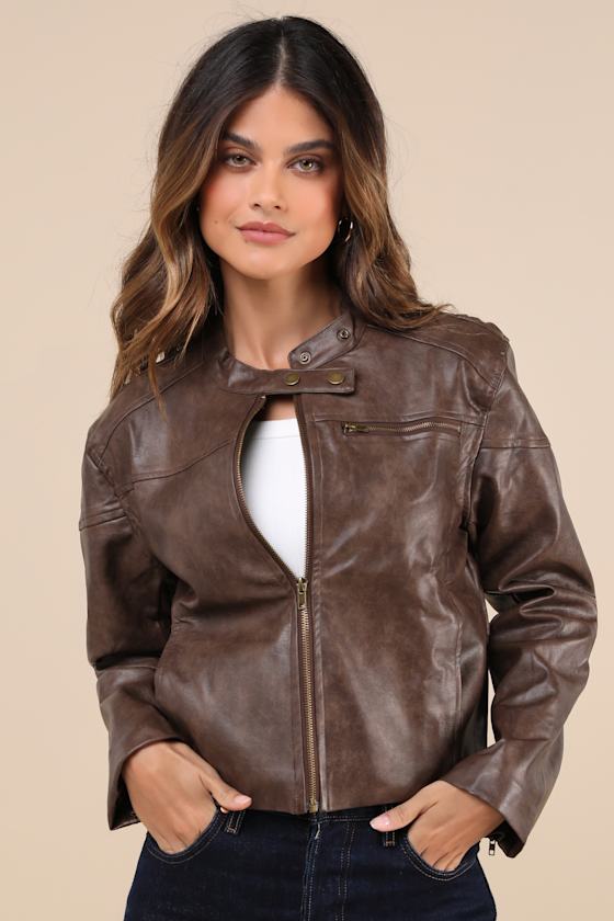 Rebel Brown Vegan Leather Cropped Moto Jacket