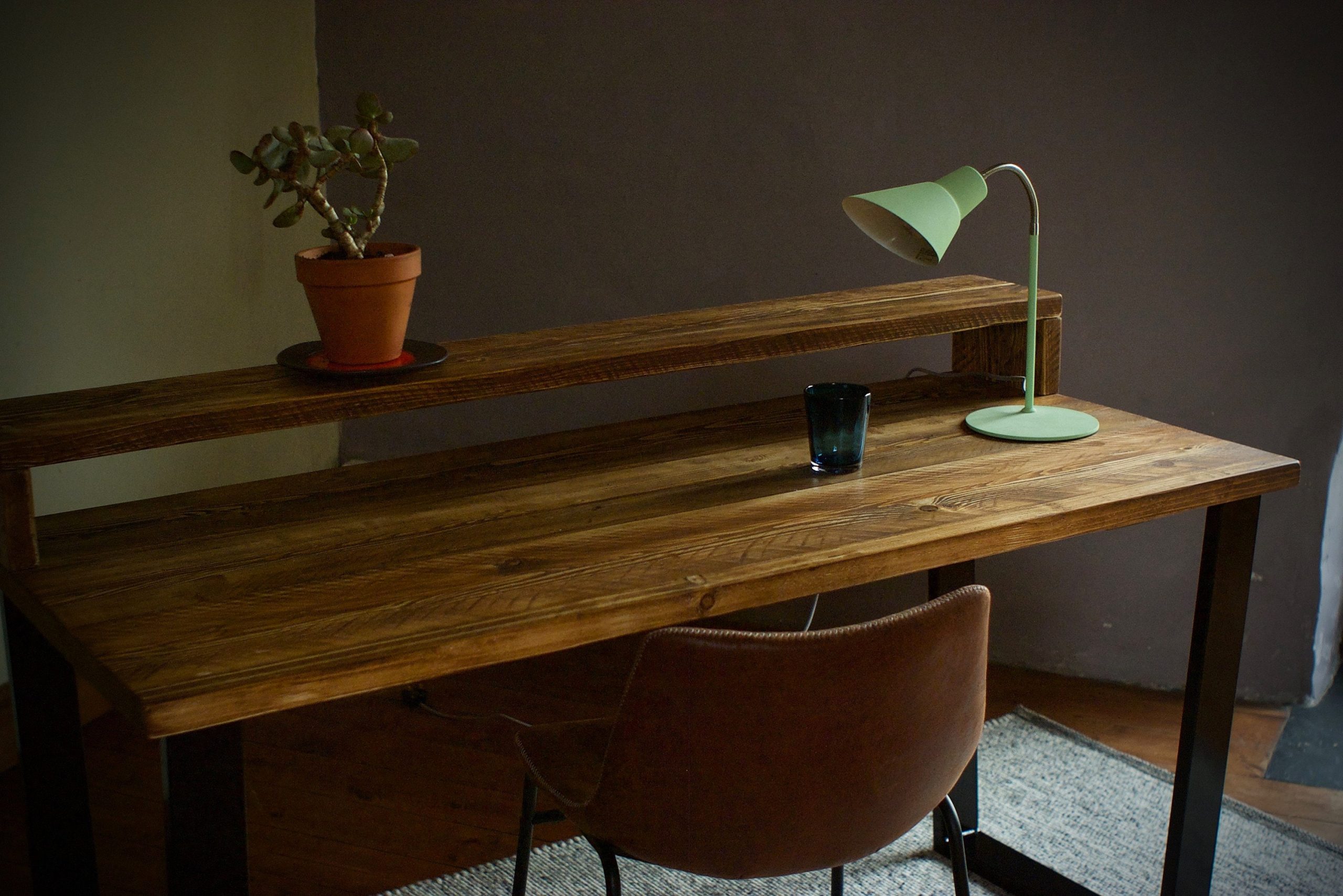 Reclaimed Industrial Desk With Monitor Stand On Steel V Framed Legs By 7Magok. Rustic Scaffold Board Computer Pc Office