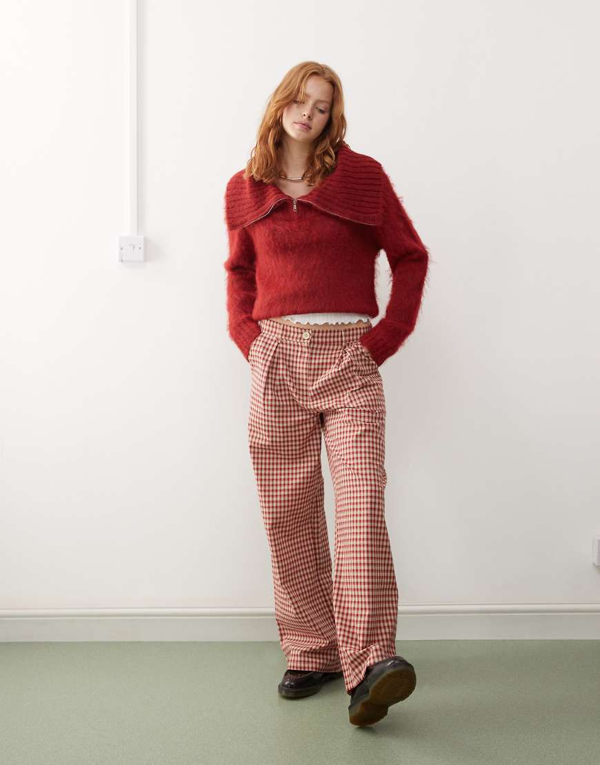 Reclaimed Vintage wide leg tailored pants in red plaid-Multi