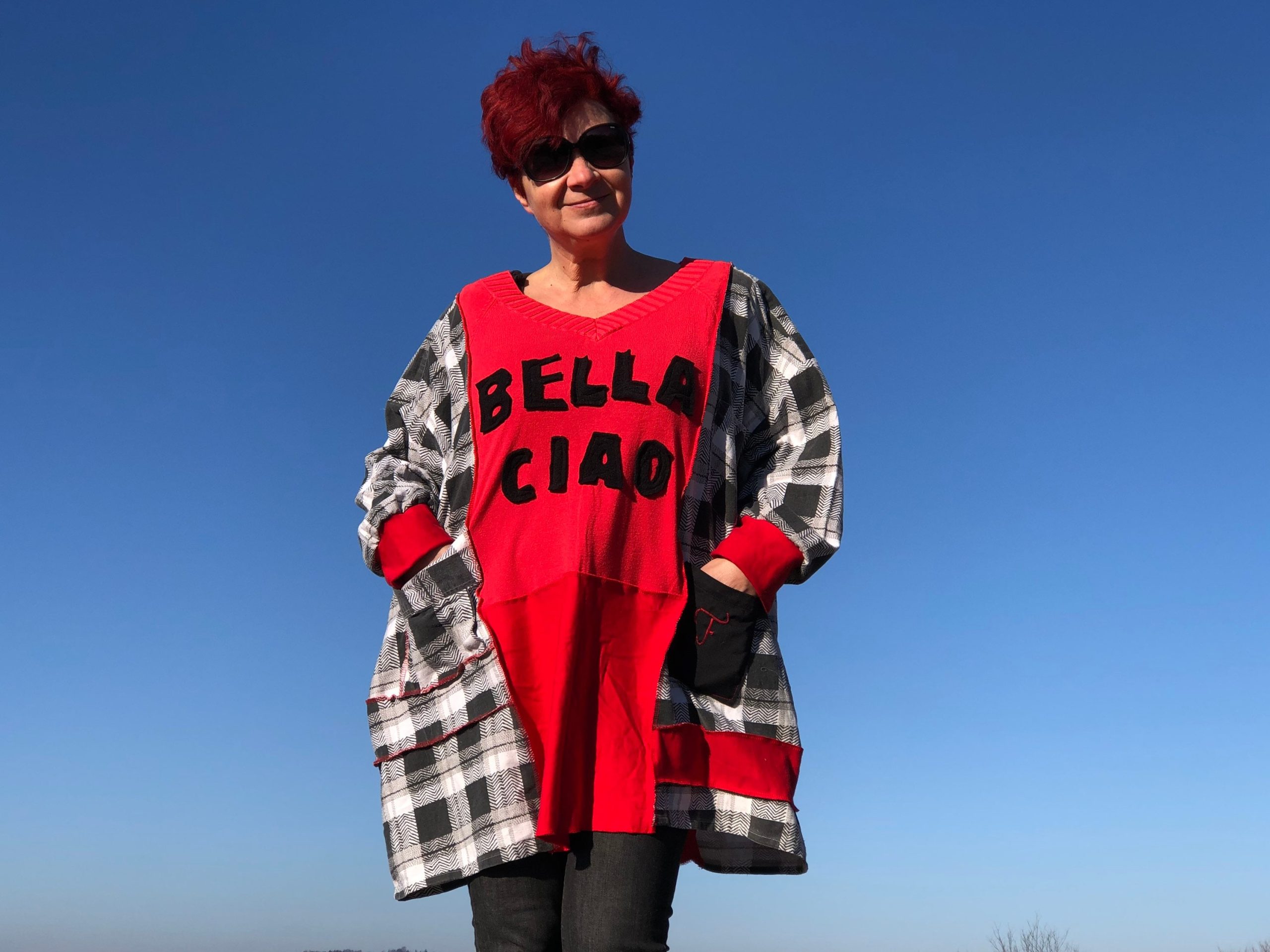 Red "Bella Ciao" Tunic Top Plus-Size La Casa De Papel Money Heist Black & White Plaid Pattern Trendy Bright Unique Handmade Print Upcycled