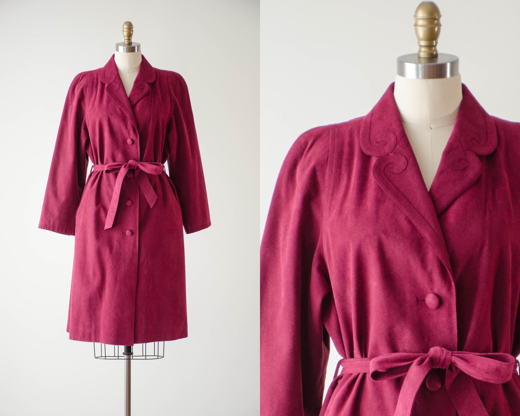 Red Belted Jacket | 70S 80S Vintage Burgundy Microsuede Vegan Faux Suede Long Trench Coat