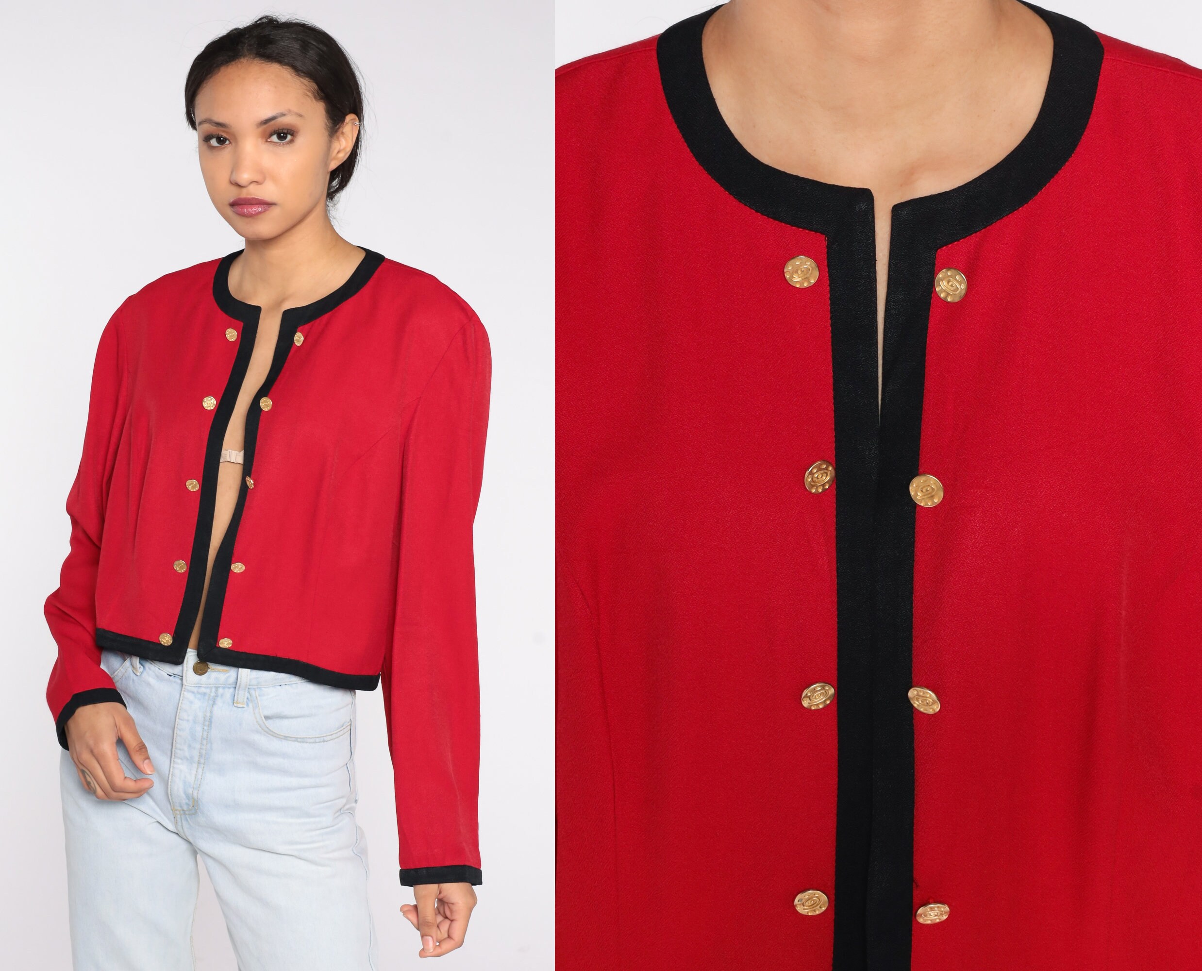 Red Cropped Jacket 90S Bolero Retro Open Front Blazer Hippie Boho Military Inspired Crop Coat Preppy Vintage 1990S Small