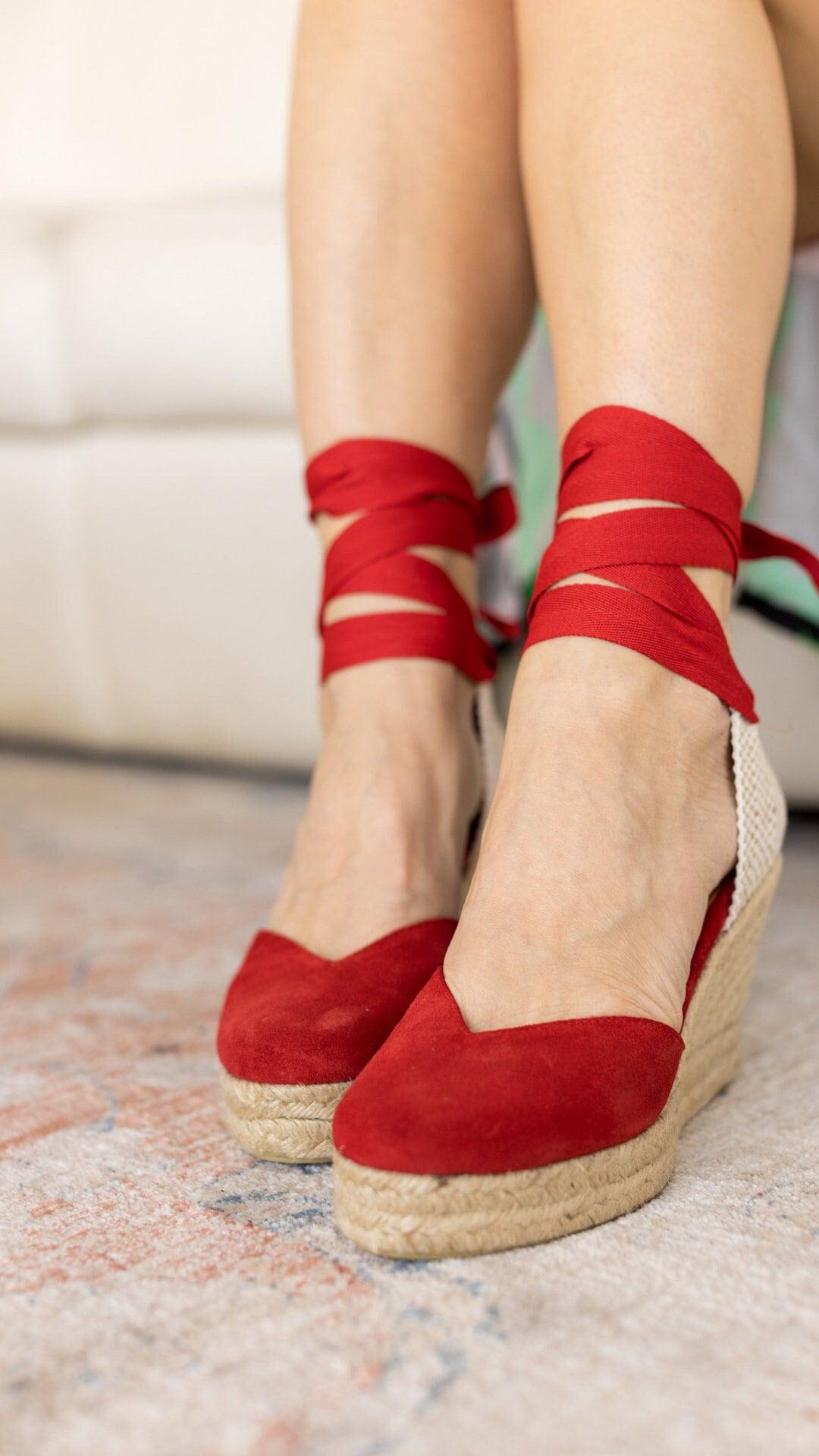 Red Espadrilles Wedges With Red Ribbon .suede Wedge Espadrilles Handmade in Greece