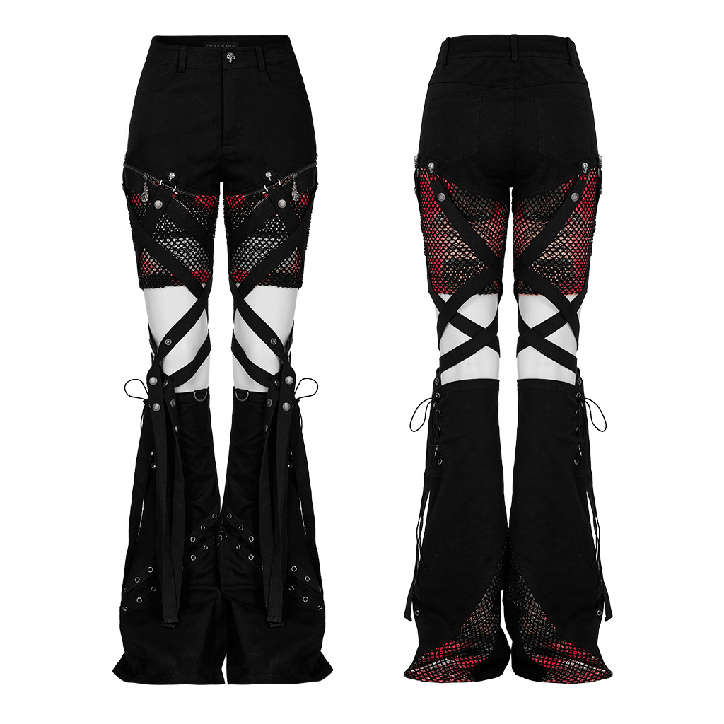 Red Mesh Skull Studded Flared Detachable Pants