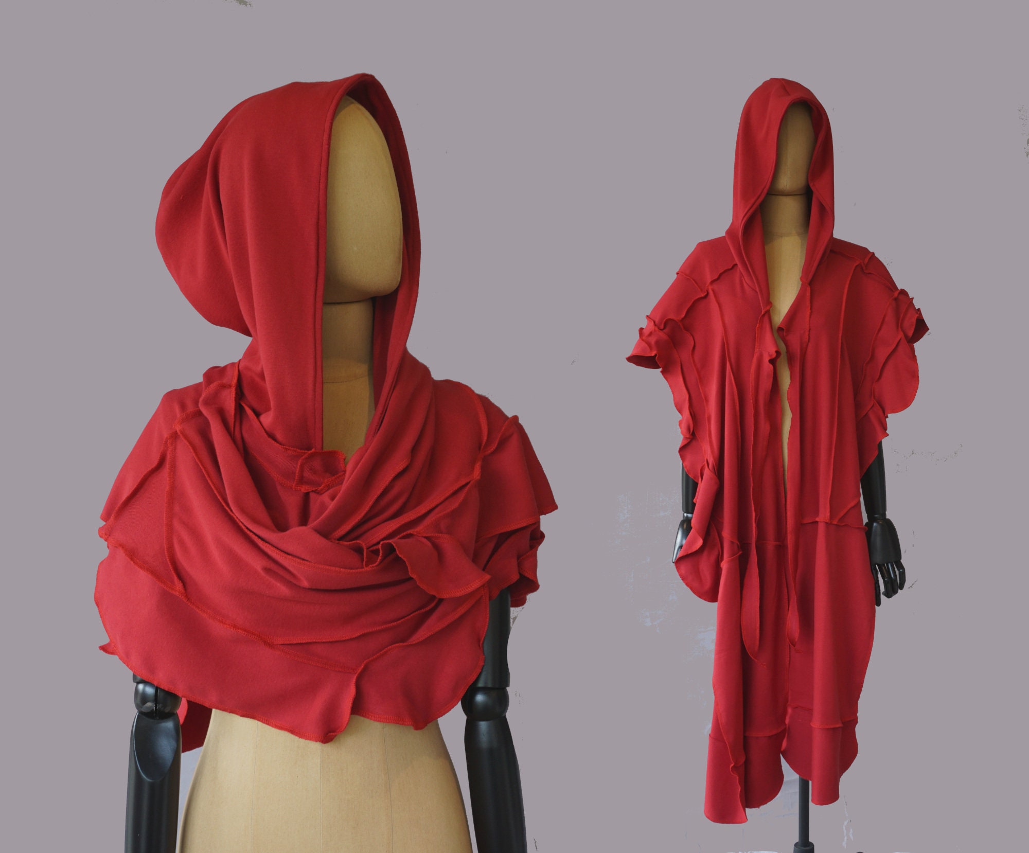 Red Oversized Festival Hood, Hooded Scarf, Xl Victorian Shawl Cape, Ooak, Cosplay, Organic Cotton, Large Hoodie, Patchwork, Wanderer