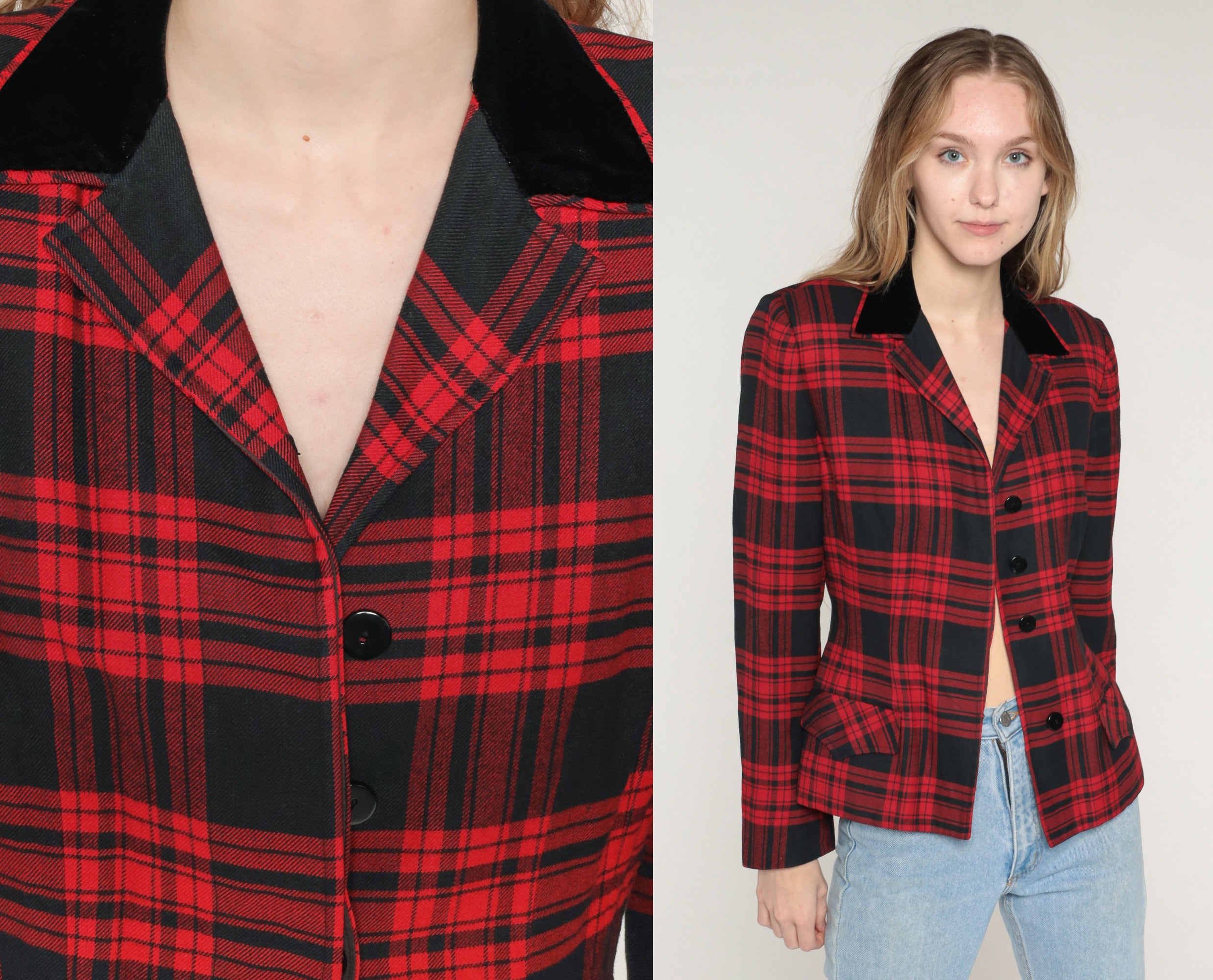 Red Plaid Blazer 70S Wool Button Jacket Retro Preppy Up Tartan Notched Collar Checkered Collared Vintage 1970S Extra Small Xs