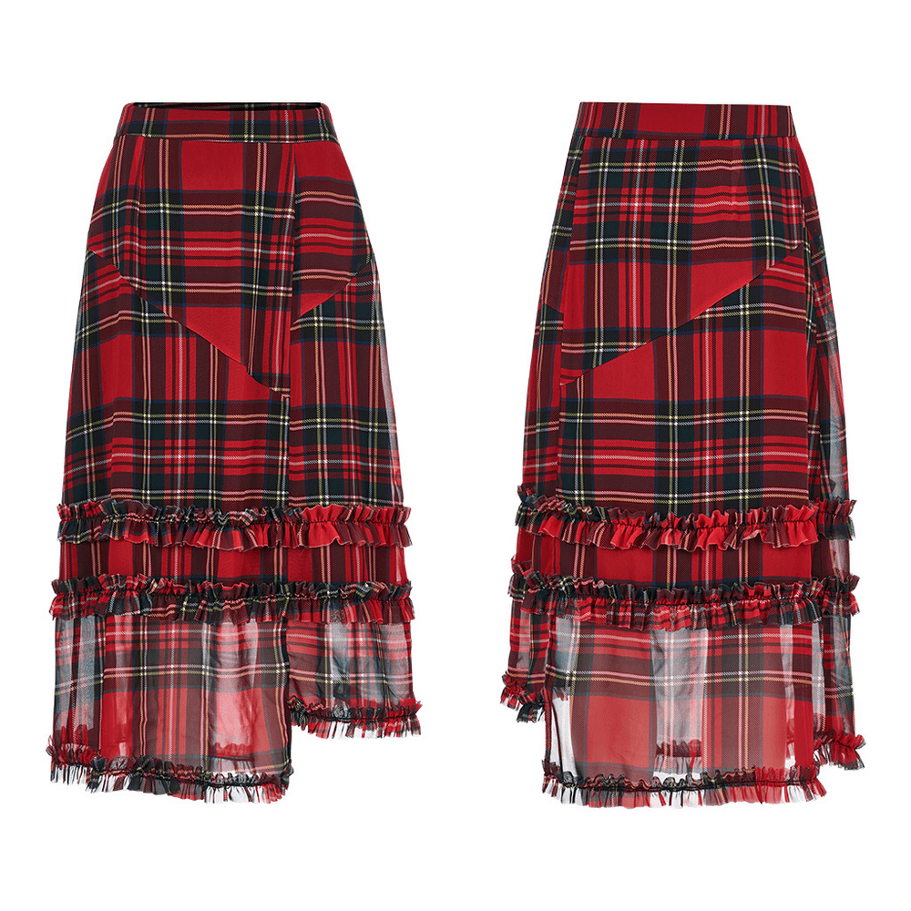 Red Tartan Asymmetrical Midi Skirt with Ruffle Detail