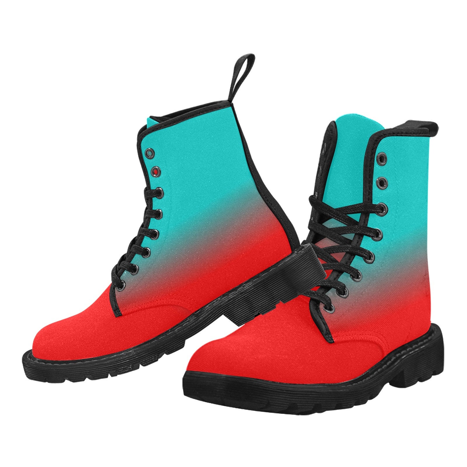 Red Teal Ombre Women's Boots, Green Gradient Dip Dye Vegan Canvas Lace Up Shoes Print Army Ankle Combat Winter Casual Custom Gift