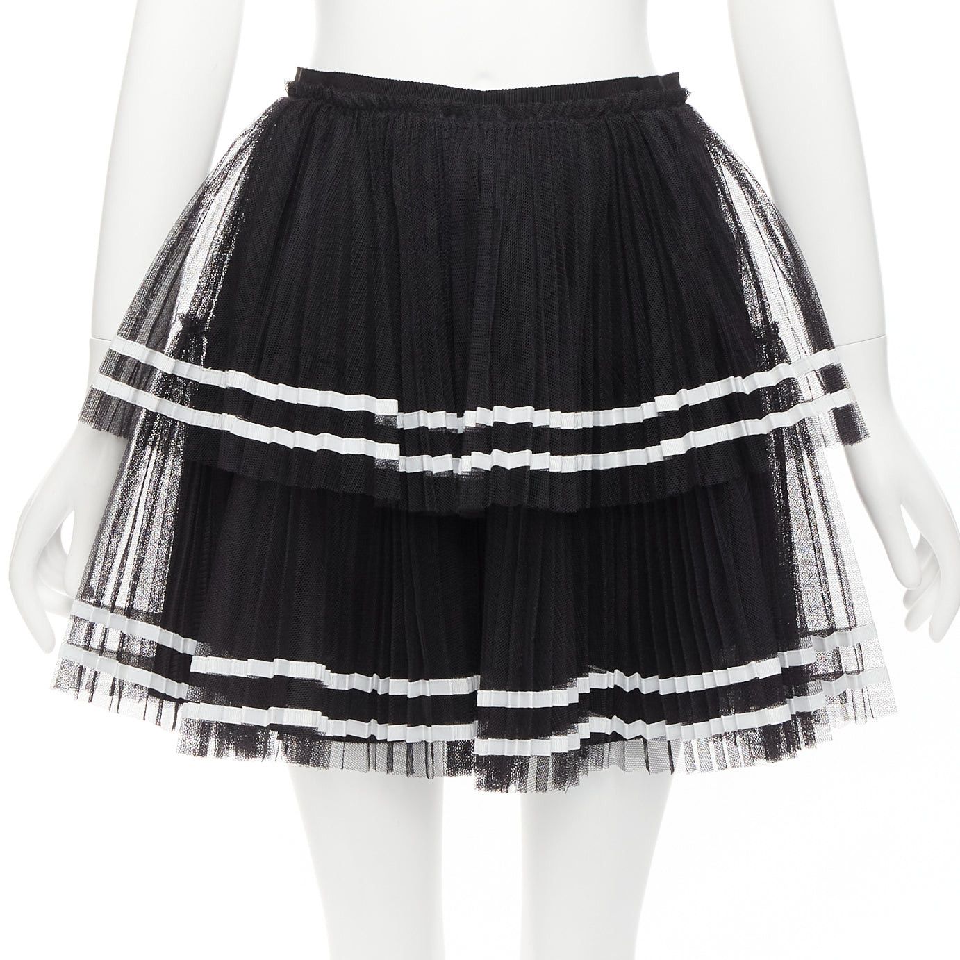 Red Valentino 2022 Black Tiered White Stripe Tulle Pleated Mini Skirt It38 Xs, Women's (Size 26)