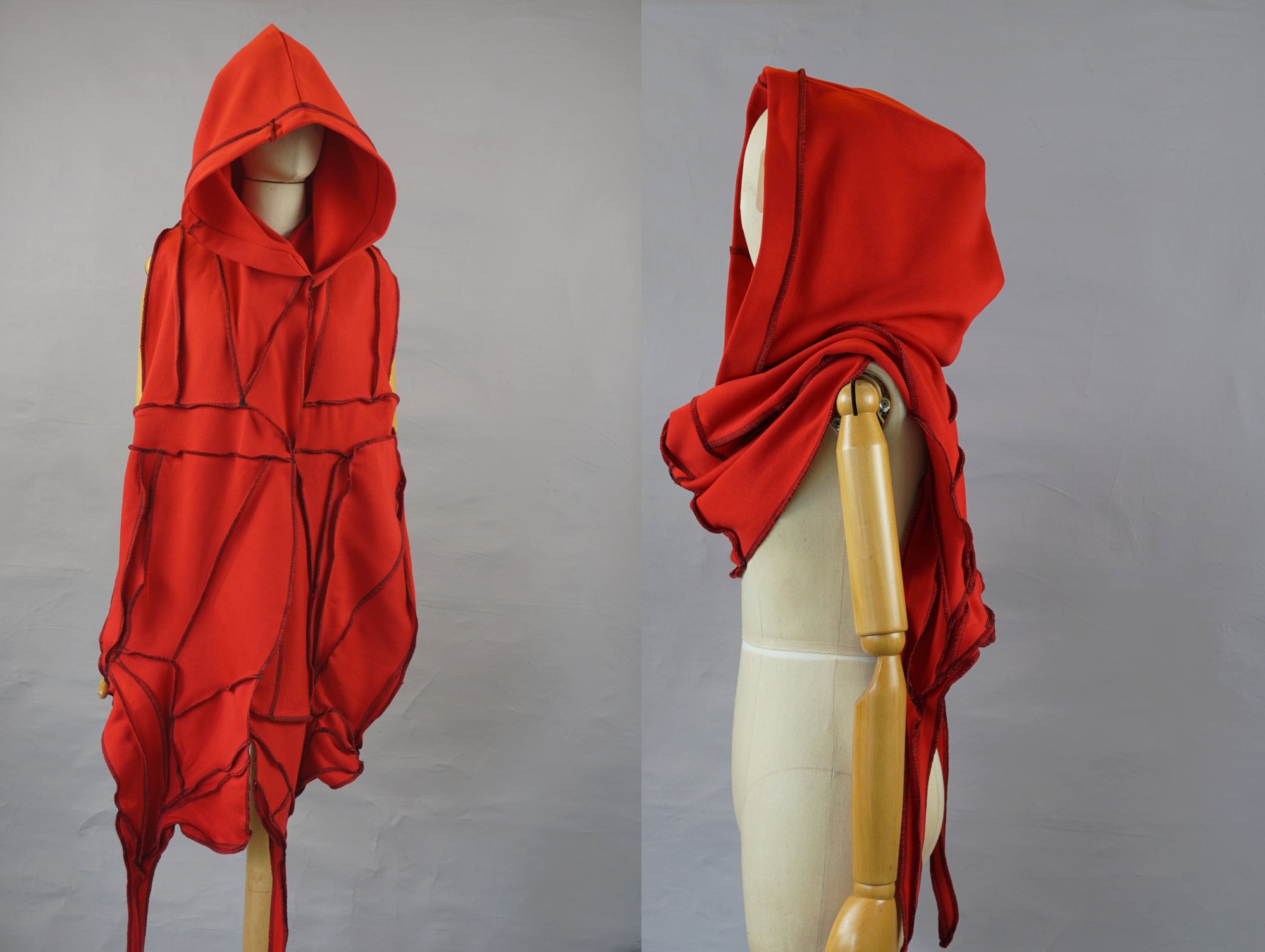 Red & Black Oversized Hooded Scarf, Xxl Victorian Shawl, Ooak, Unique, Organic Cotton, Large Hood, Jersey Hoodie, Patchwork Wanderer