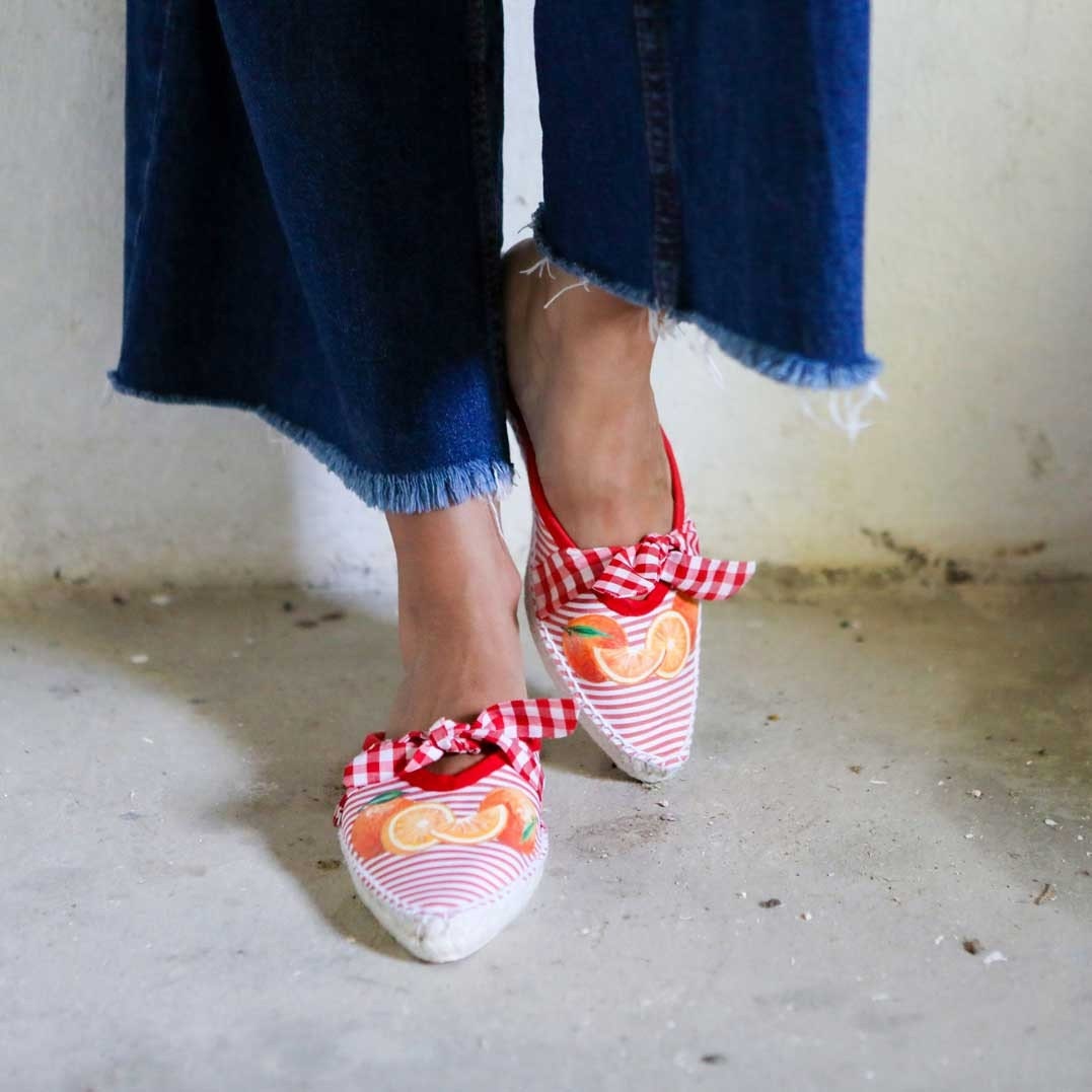 Red & White Stripes Espadrille Babouche, Flat Mules For Women Red Gingham Bow Slippers