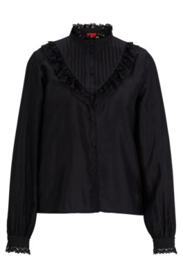 Regular-fit blouse with lace trims and pleating- Black Women's Business Blouses size 2