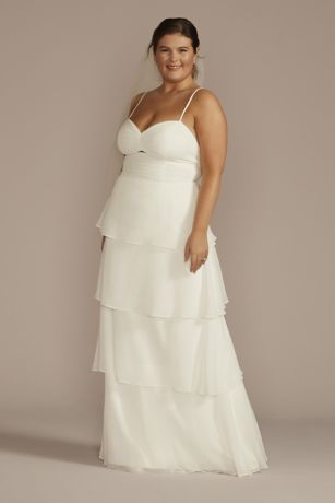 Reimagine DB Studio Recycled Chiffon Tiered Skirt Wedding Dress in Soft White Size: 26W David's Bridal