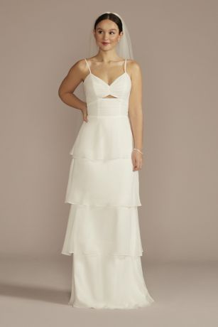 Reimagine DB Studio Recycled Chiffon Tiered Skirt Wedding Dress in Soft White Size: 4 David's Bridal