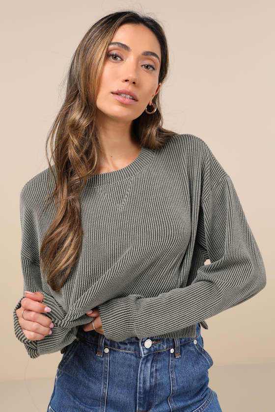 Relaxed Attitude Olive Textured Ribbed Long Sleeve Crop Top