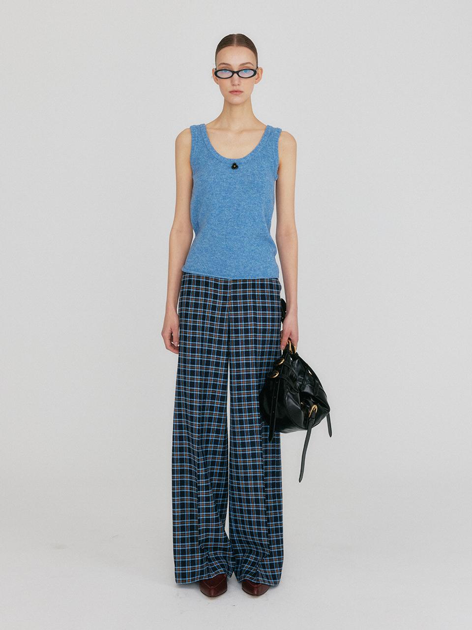 Relaxed Wide-leg Plaid Pants [Navy/Sky Blue]