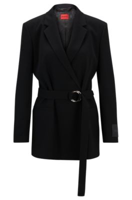 Relaxed-fit long-length jacket with wrap front- Black Women's Tailored Jackets size 4