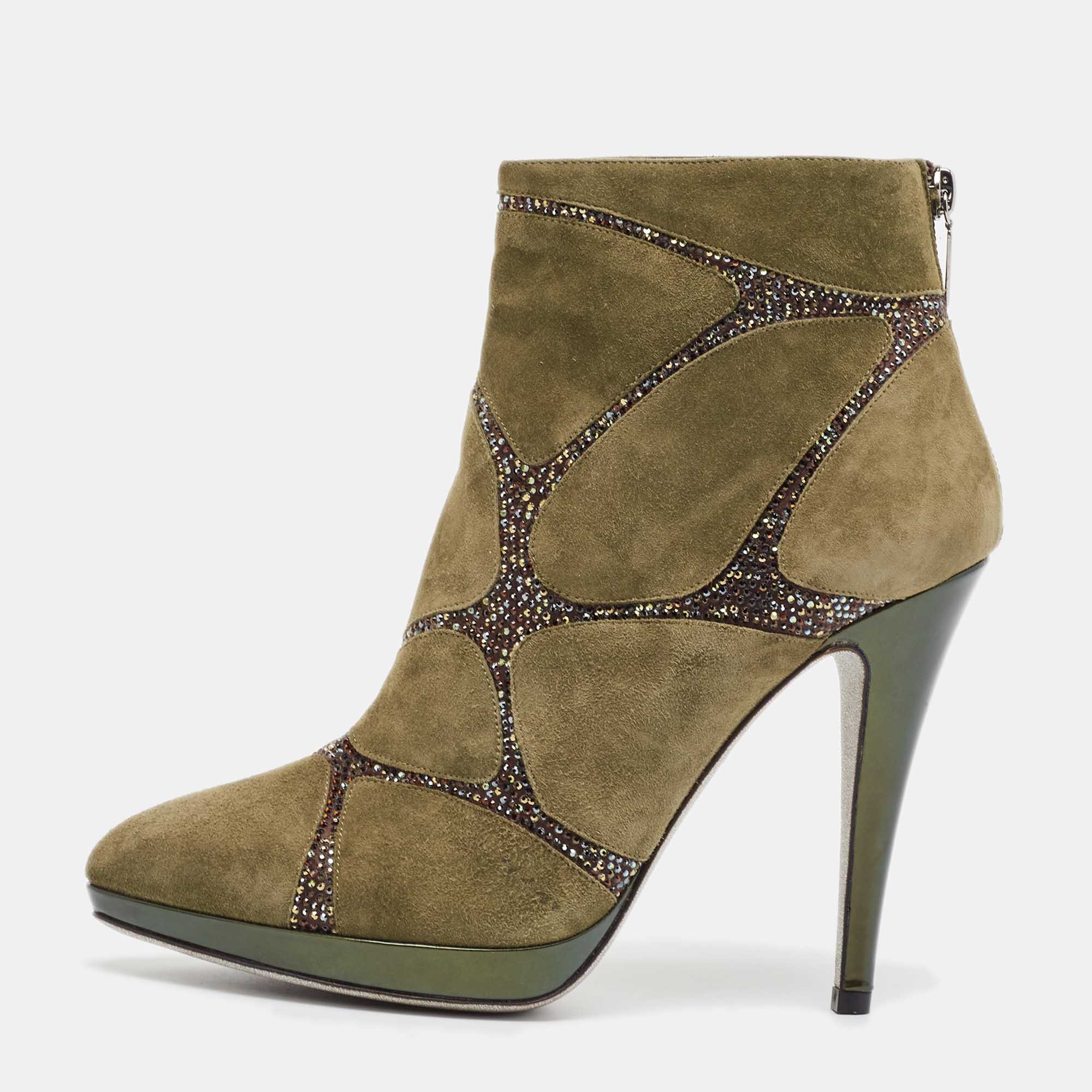 René Caovilla Green Suede Ankle Length Boots Size 39